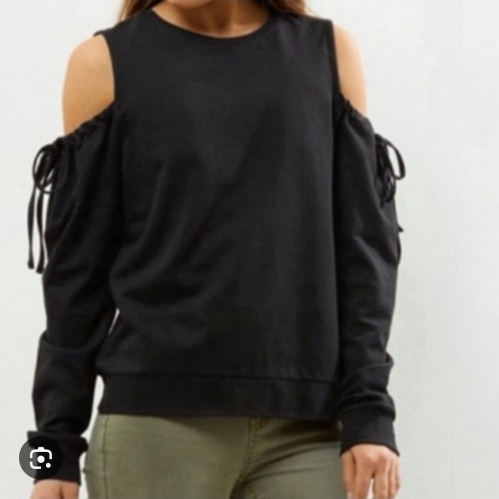 ❤️ NWT! DREW BLACK COLD SHOULDER DRAWSTRING SLEEVE SWETSHIRT TOP, SMALL